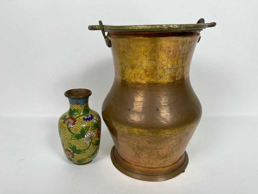 Vintage Turkish Hammered Copper Pot With Handle 9'H And Small Chinese Cloisonne Vase [Photo 2]
