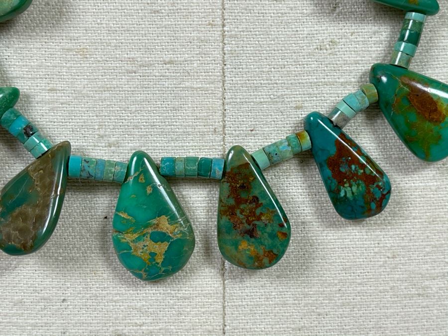 Native Turquoise Tear Drop Shaped Necklace With Sterling Silver Clasps 28'L [Photo 4]
