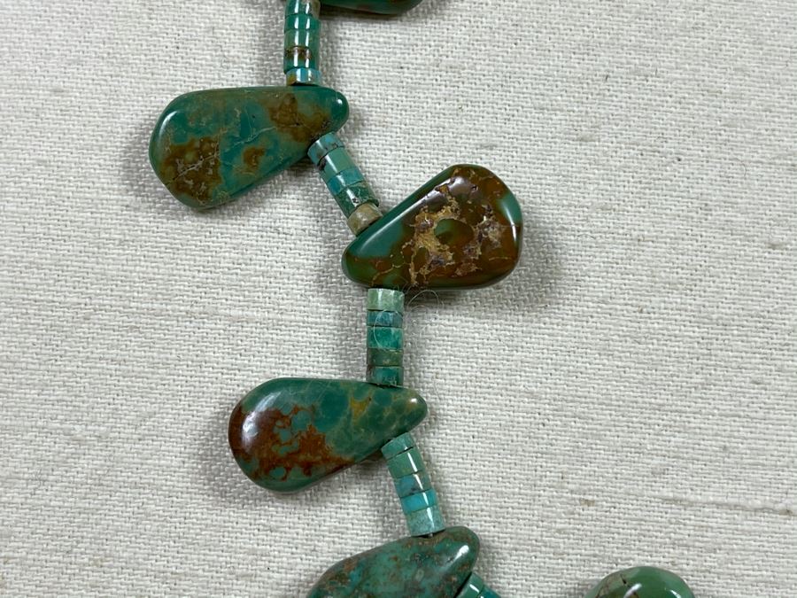 Native Turquoise Tear Drop Shaped Necklace With Sterling Silver Clasps 28'L [Photo 6]