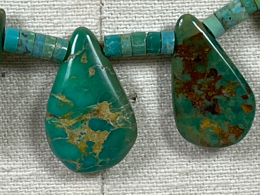 Native Turquoise Tear Drop Shaped Necklace With Sterling Silver Clasps 28'L [Photo 9]
