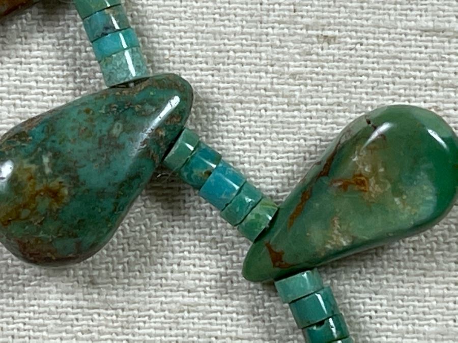 Native Turquoise Tear Drop Shaped Necklace With Sterling Silver Clasps 28'L [Photo 8]