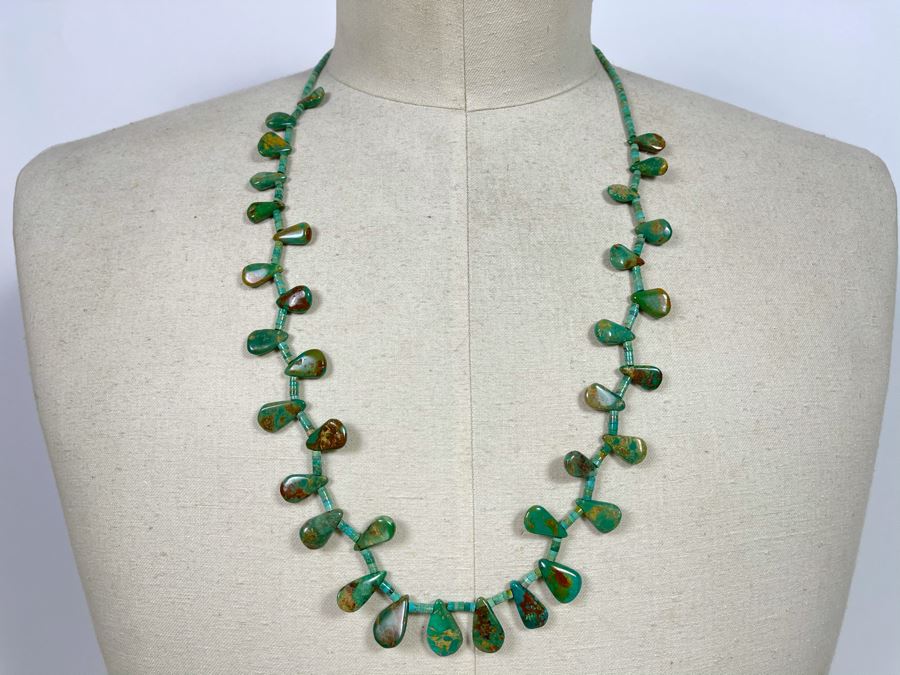 Native Turquoise Tear Drop Shaped Necklace With Sterling Silver Clasps 28'L [Photo 2]
