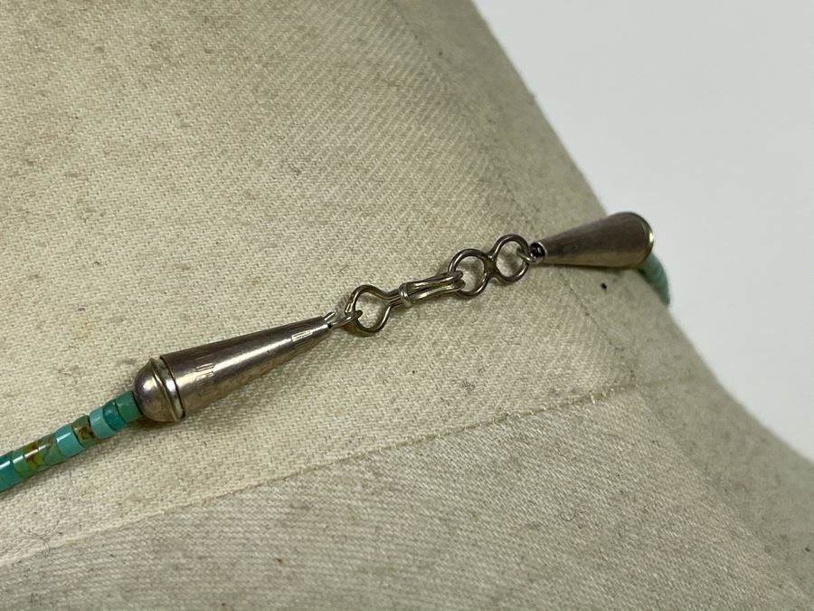 Native Turquoise Tear Drop Shaped Necklace With Sterling Silver Clasps 28'L [Photo 10]
