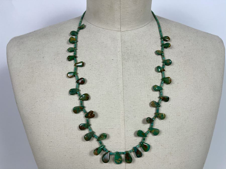 Native Turquoise Tear Drop Shaped Necklace With Sterling Silver Clasps 28'L [Photo 3]