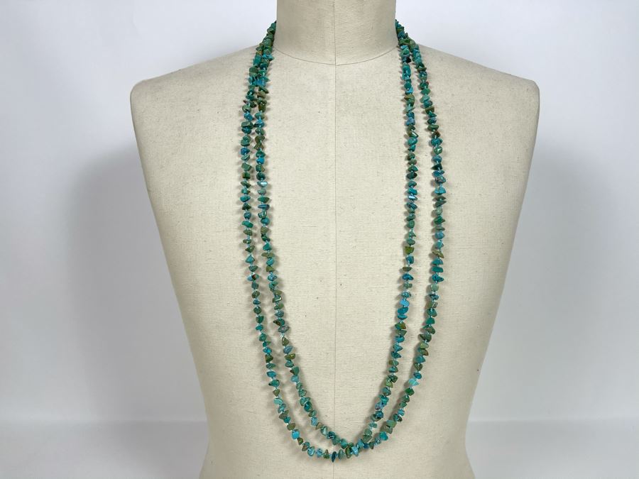 40' Long Turquoise Nuggets Strand Necklace With Sterling Silver Clasp
