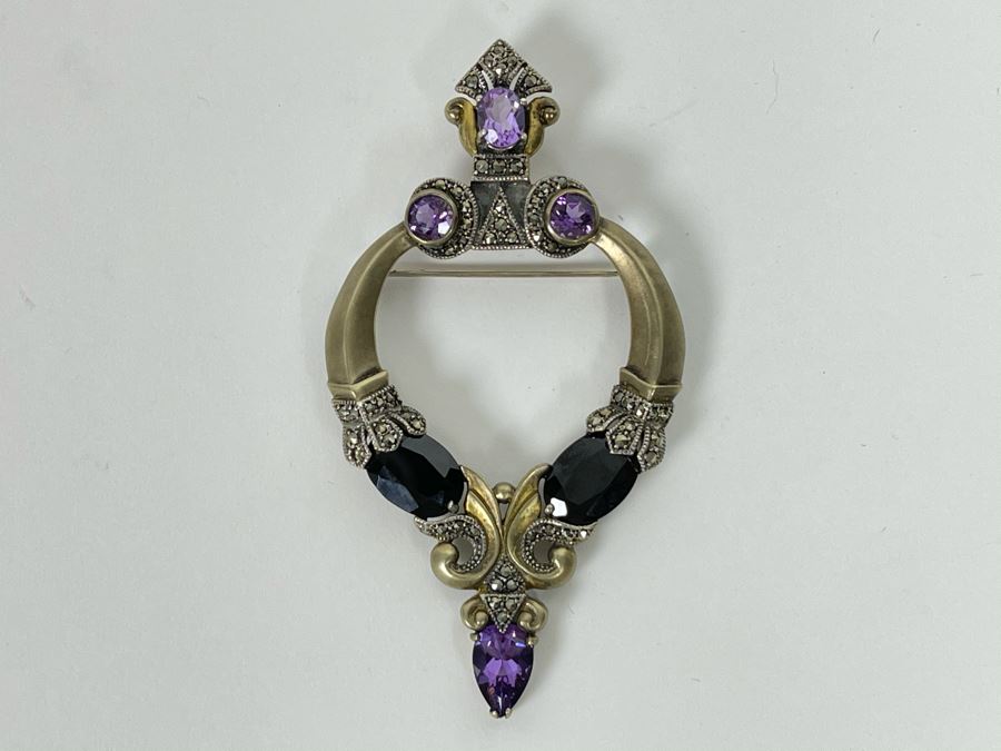 Large Vintage Sterling Silver / Amethyst / Marcasites Pendant Signed Vintage Sterling 26g [Photo 5]