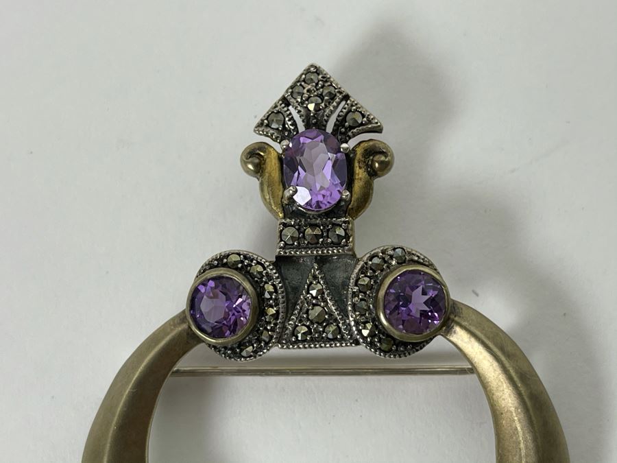 Large Vintage Sterling Silver / Amethyst / Marcasites Pendant Signed Vintage Sterling 26g [Photo 11]