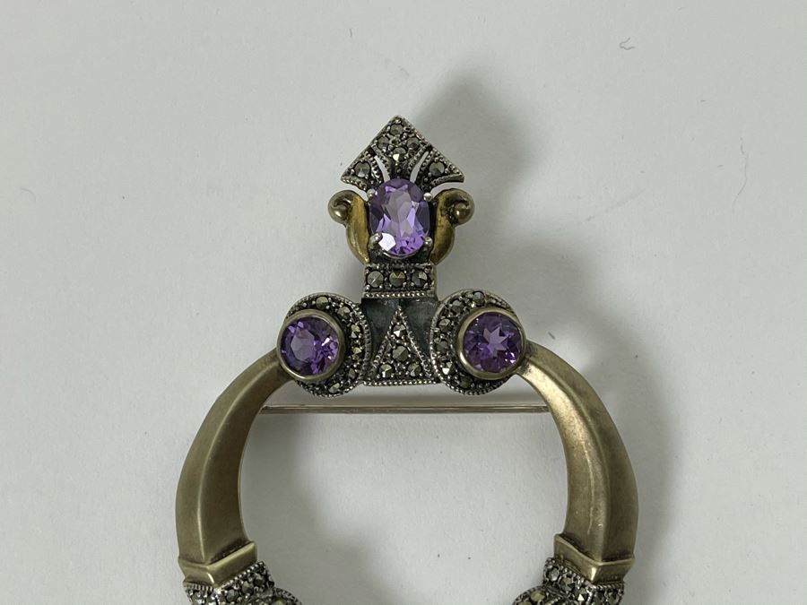 Large Vintage Sterling Silver / Amethyst / Marcasites Pendant Signed Vintage Sterling 26g [Photo 7]