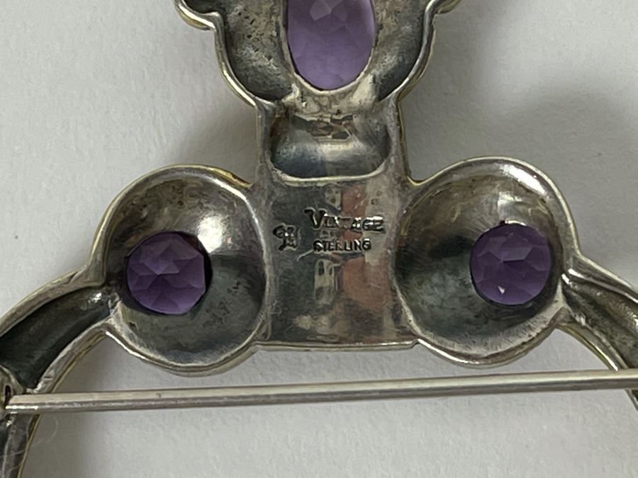 Large Vintage Sterling Silver / Amethyst / Marcasites Pendant Signed Vintage Sterling 26g [Photo 13]