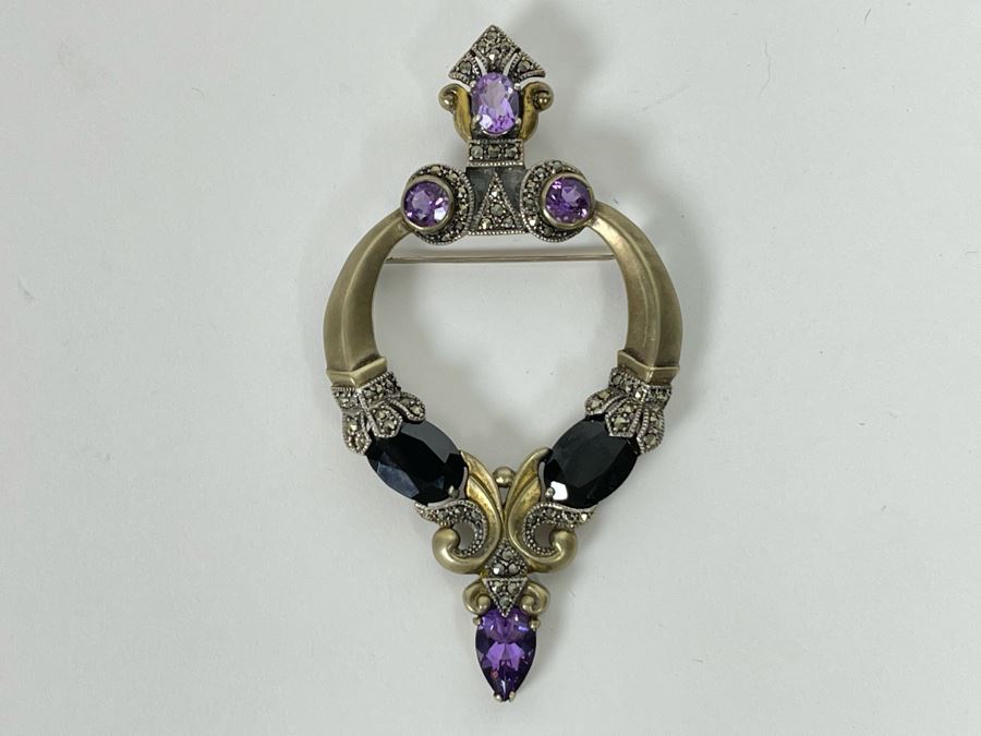 Large Vintage Sterling Silver / Amethyst / Marcasites Pendant Signed Vintage Sterling 26g [Photo 6]
