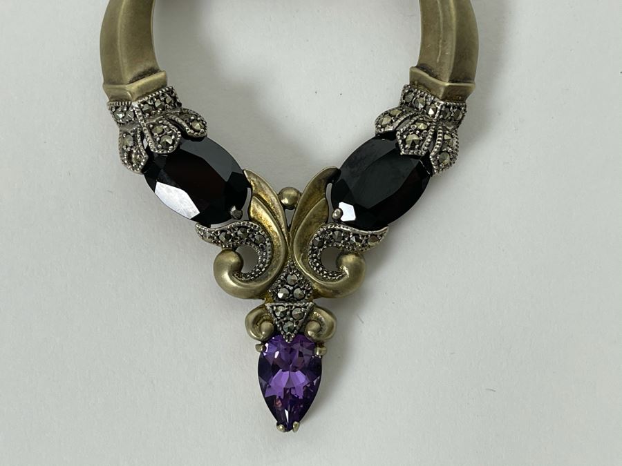 Large Vintage Sterling Silver / Amethyst / Marcasites Pendant Signed Vintage Sterling 26g [Photo 8]