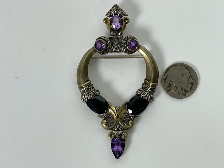 Large Vintage Sterling Silver / Amethyst / Marcasites Pendant Signed Vintage Sterling 26g [Photo 19]