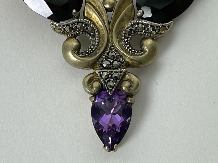 Large Vintage Sterling Silver / Amethyst / Marcasites Pendant Signed Vintage Sterling 26g [Photo 9]