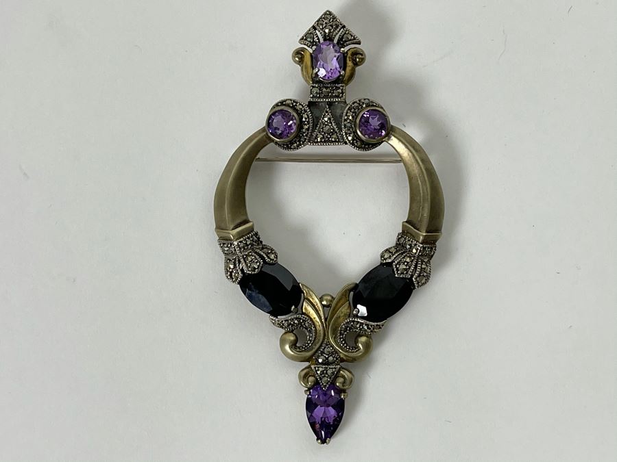Large Vintage Sterling Silver / Amethyst / Marcasites Pendant Signed Vintage Sterling 26g [Photo 3]