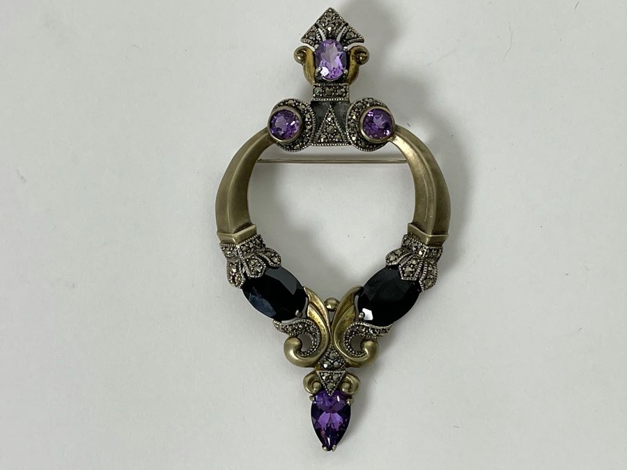 Large Vintage Sterling Silver / Amethyst / Marcasites Pendant Signed Vintage Sterling 26g [Photo 4]