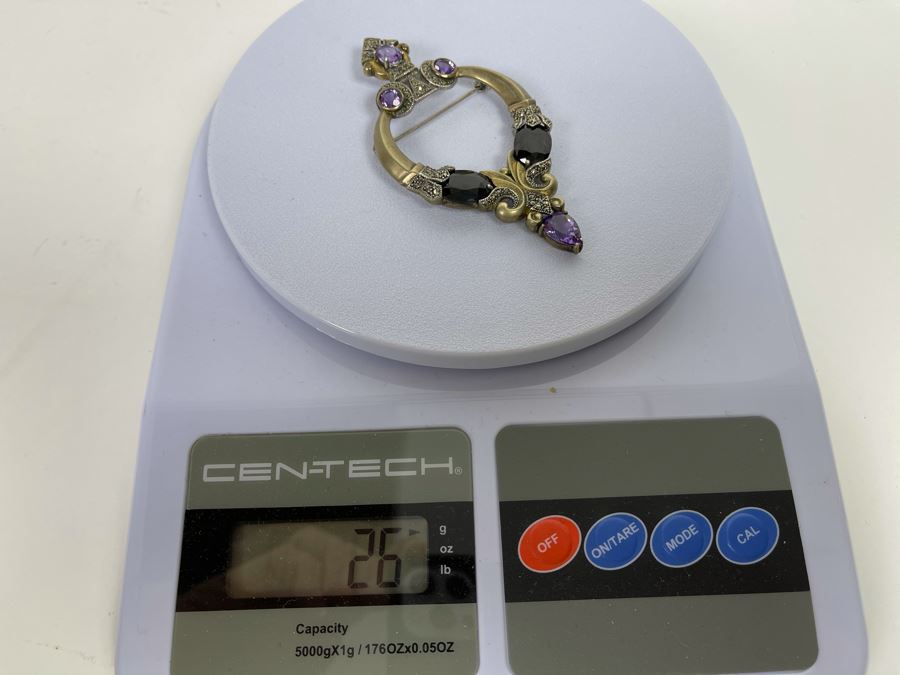 Large Vintage Sterling Silver / Amethyst / Marcasites Pendant Signed Vintage Sterling 26g [Photo 17]