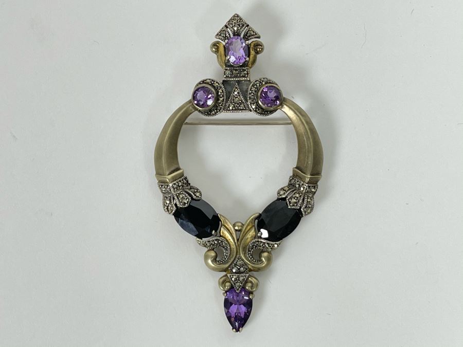 Large Vintage Sterling Silver / Amethyst / Marcasites Pendant Signed Vintage Sterling 26g [Photo 2]