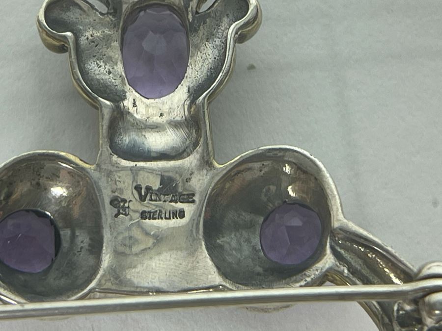 Large Vintage Sterling Silver / Amethyst / Marcasites Pendant Signed Vintage Sterling 26g [Photo 15]