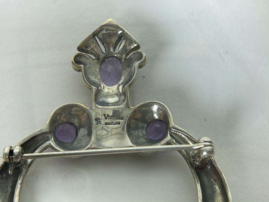 Large Vintage Sterling Silver / Amethyst / Marcasites Pendant Signed Vintage Sterling 26g [Photo 14]
