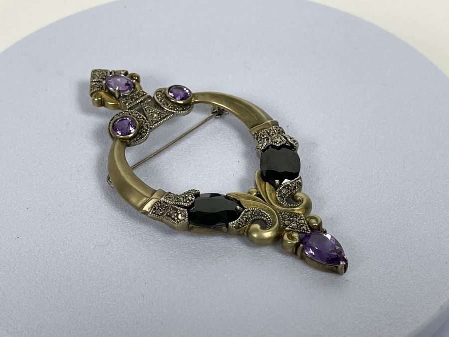 Large Vintage Sterling Silver / Amethyst / Marcasites Pendant Signed Vintage Sterling 26g [Photo 18]