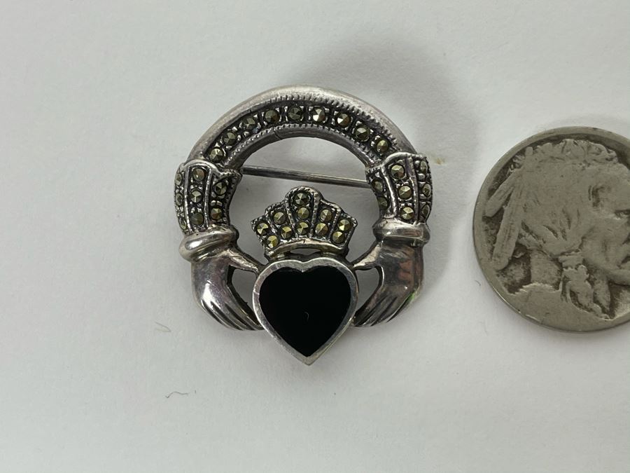 Vintage Sterling Silver / Onyx / Marcasites Pendant Signed 6g [Photo 2]