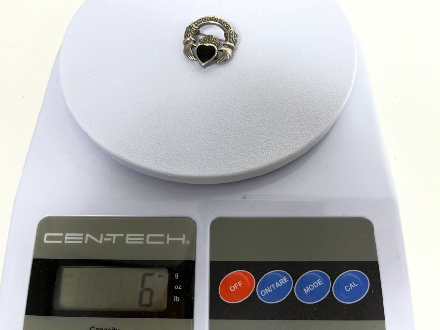 Vintage Sterling Silver / Onyx / Marcasites Pendant Signed 6g [Photo 6]