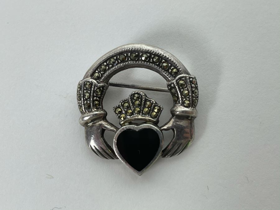 Vintage Sterling Silver / Onyx / Marcasites Pendant Signed 6g [Photo 3]