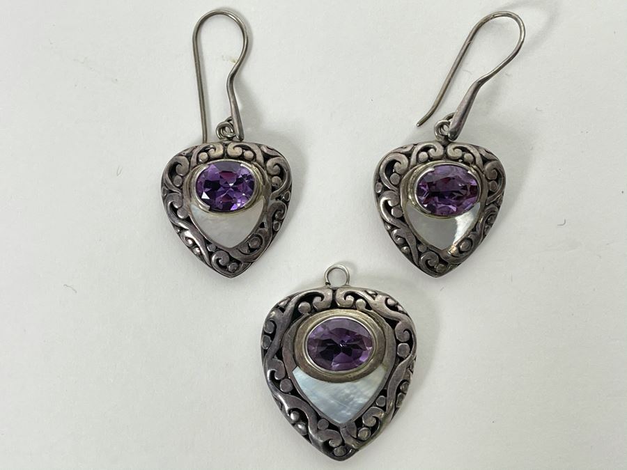 Vintage Sterling Silver Amethyst Pendant With Matching Earrings 24g [Photo 7]