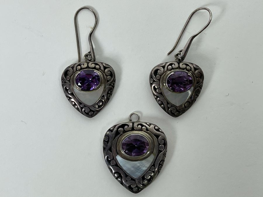 Vintage Sterling Silver Amethyst Pendant With Matching Earrings 24g