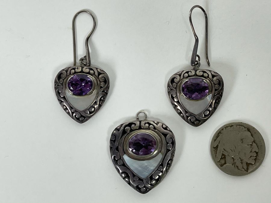 Vintage Sterling Silver Amethyst Pendant With Matching Earrings 24g