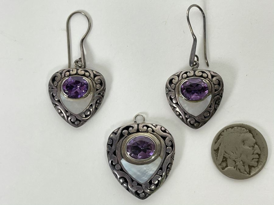 Vintage Sterling Silver Amethyst Pendant With Matching Earrings 24g [Photo 1]