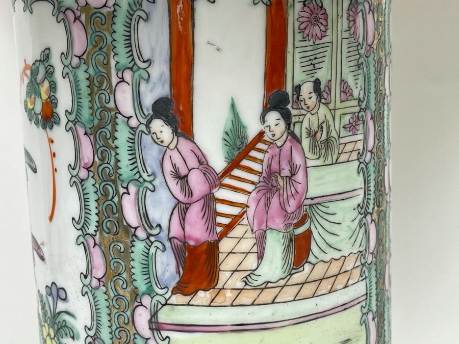 Vintage Chinese Famille Rose Porcelain Table Lamp With Silk Shade 26H [Photo 6]