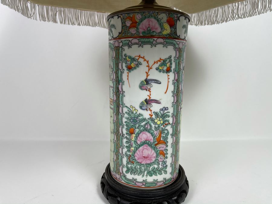 Vintage Chinese Famille Rose Porcelain Table Lamp With Silk Shade 26H [Photo 9]