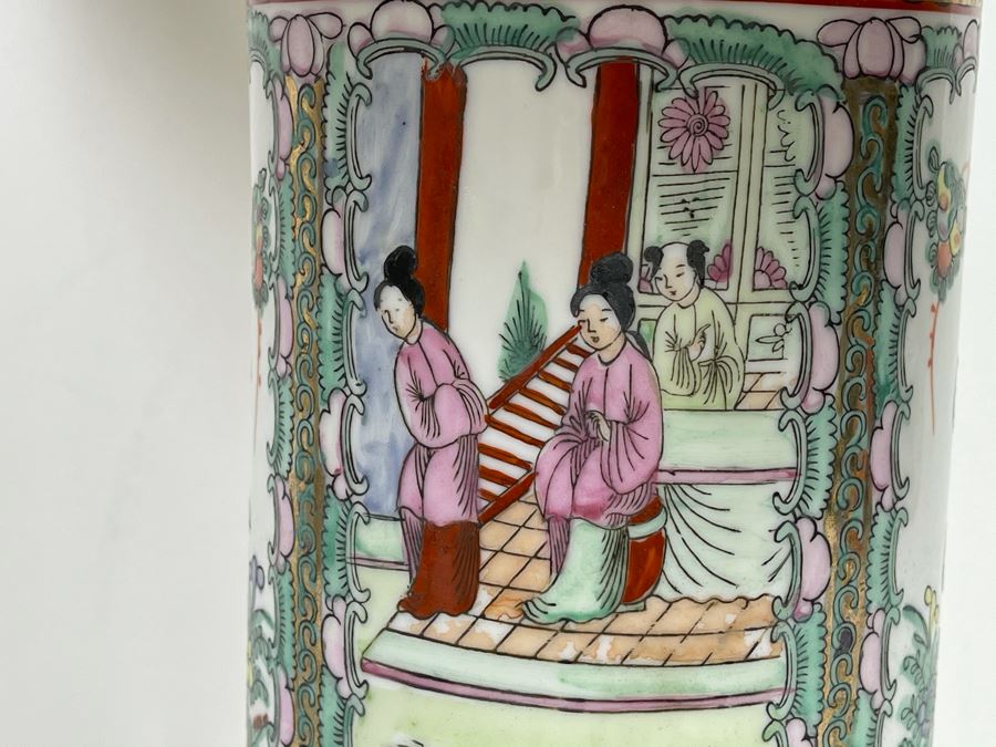 Vintage Chinese Famille Rose Porcelain Table Lamp With Silk Shade 26H [Photo 13]