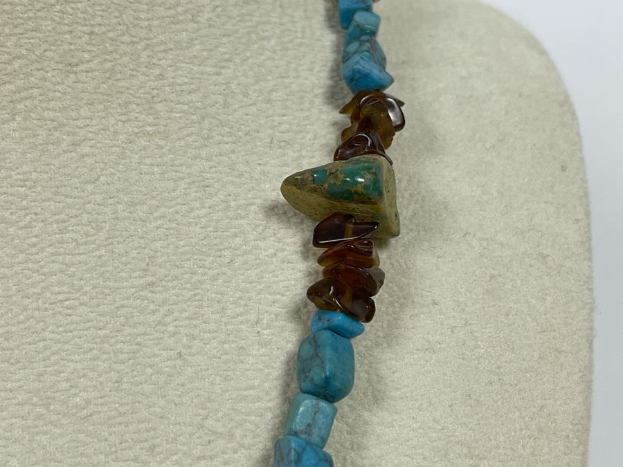 Native Turquoise / Amber Necklace With Sterling Silver Clasp 20L [Photo 8]