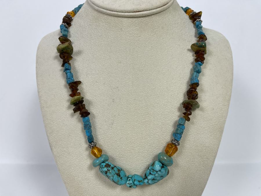 Native Turquoise / Amber Necklace With Sterling Silver Clasp 20L [Photo 3]