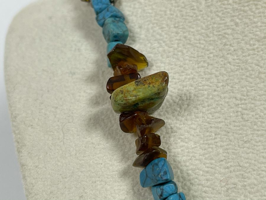 Native Turquoise / Amber Necklace With Sterling Silver Clasp 20L [Photo 9]