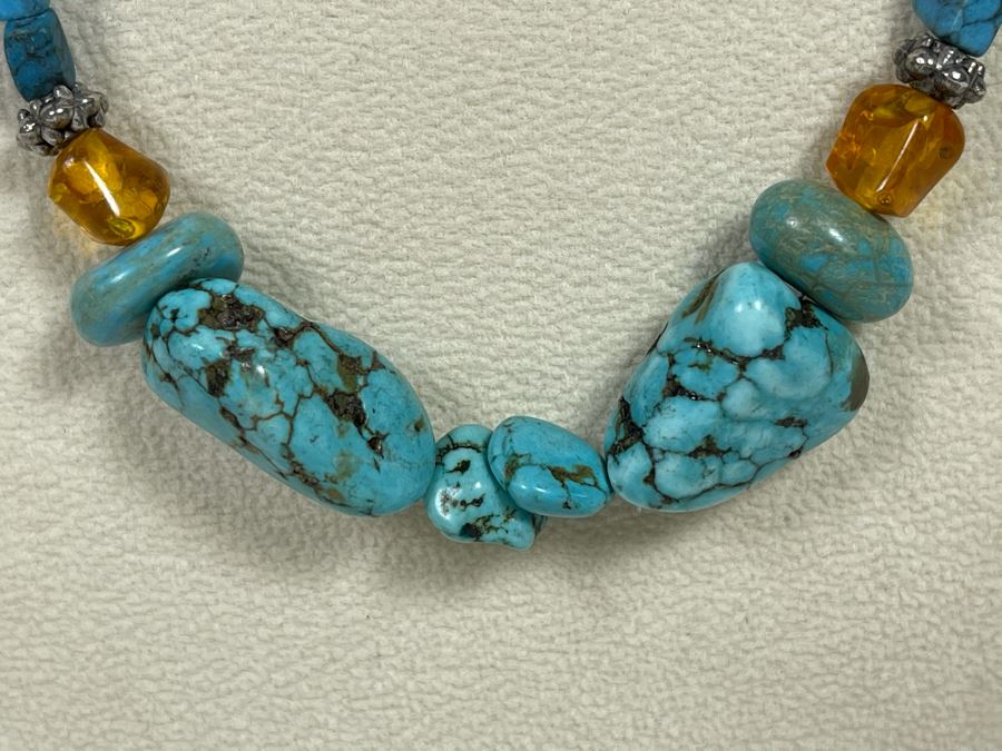 Native Turquoise / Amber Necklace With Sterling Silver Clasp 20L [Photo 5]