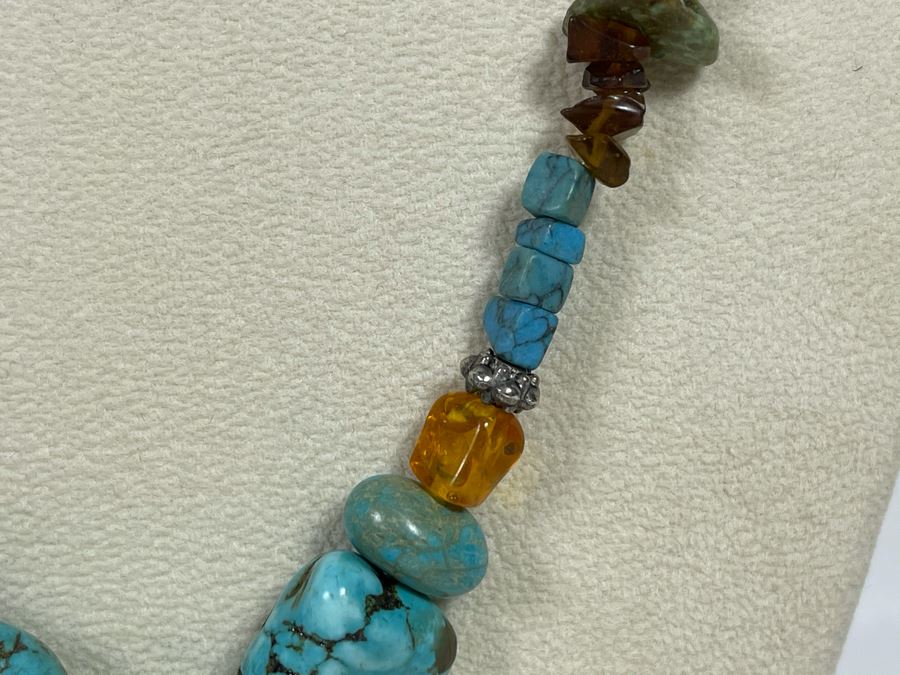 Native Turquoise / Amber Necklace With Sterling Silver Clasp 20L [Photo 6]