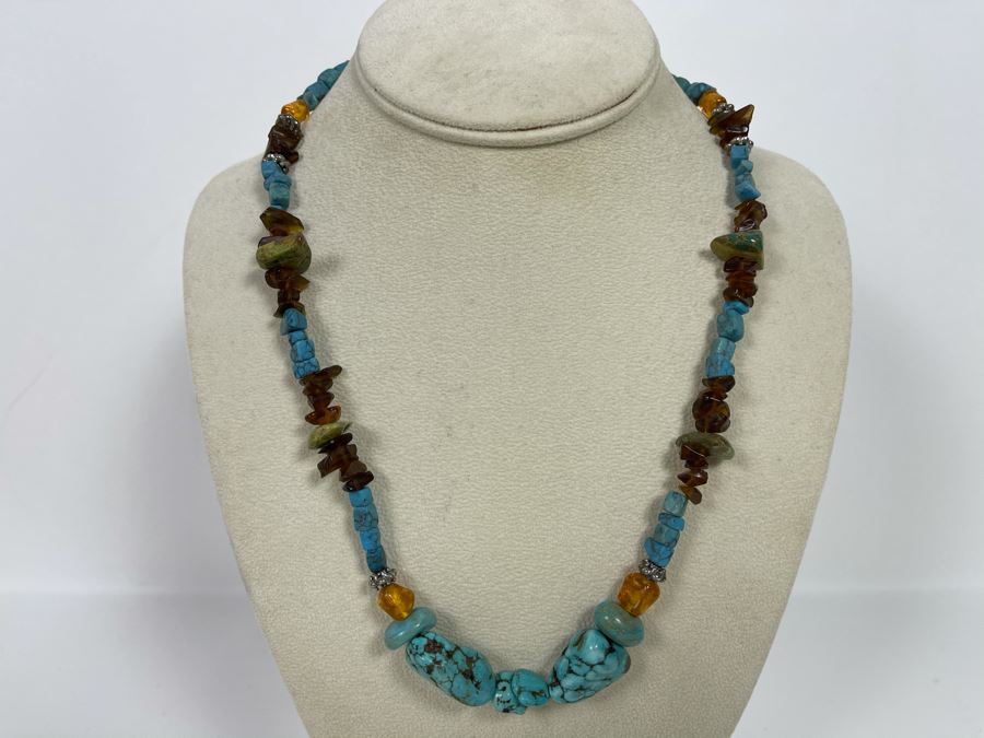 Native Turquoise / Amber Necklace With Sterling Silver Clasp 20L [Photo 2]