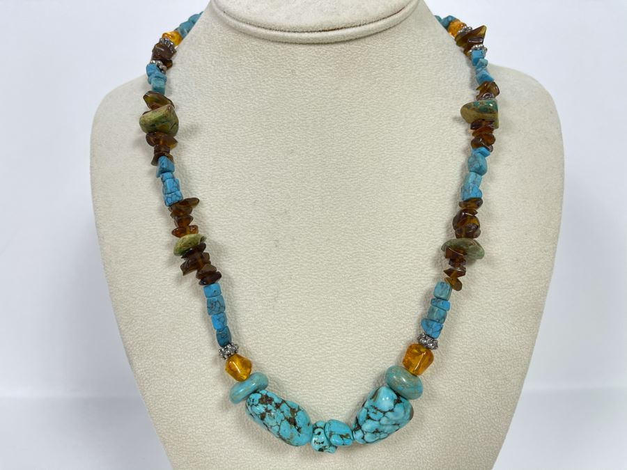 Native Turquoise / Amber Necklace With Sterling Silver Clasp 20L