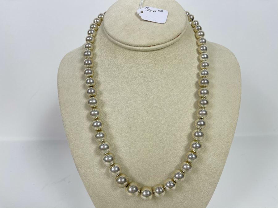 20'L Sterling Silver Graduated Big Round Beads Necklace Lobster Claw Clasp 53g Retails $250