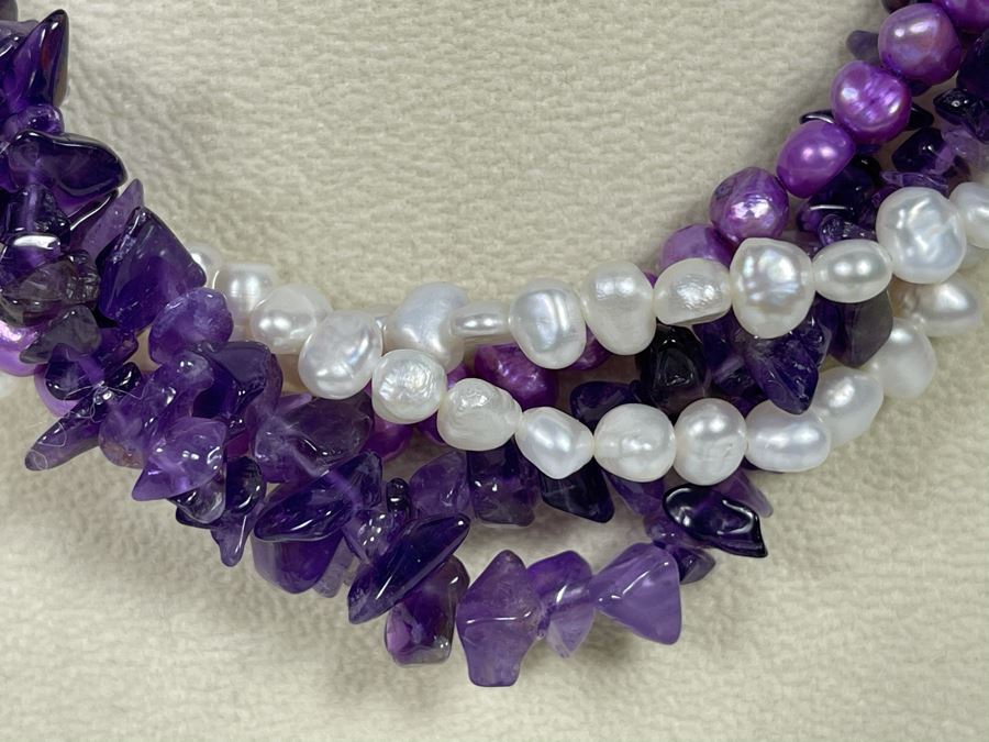 Statement Amethyst And Pearl Necklace With Sterling Silver Clasp 16'L Retails $195 [Photo 4]