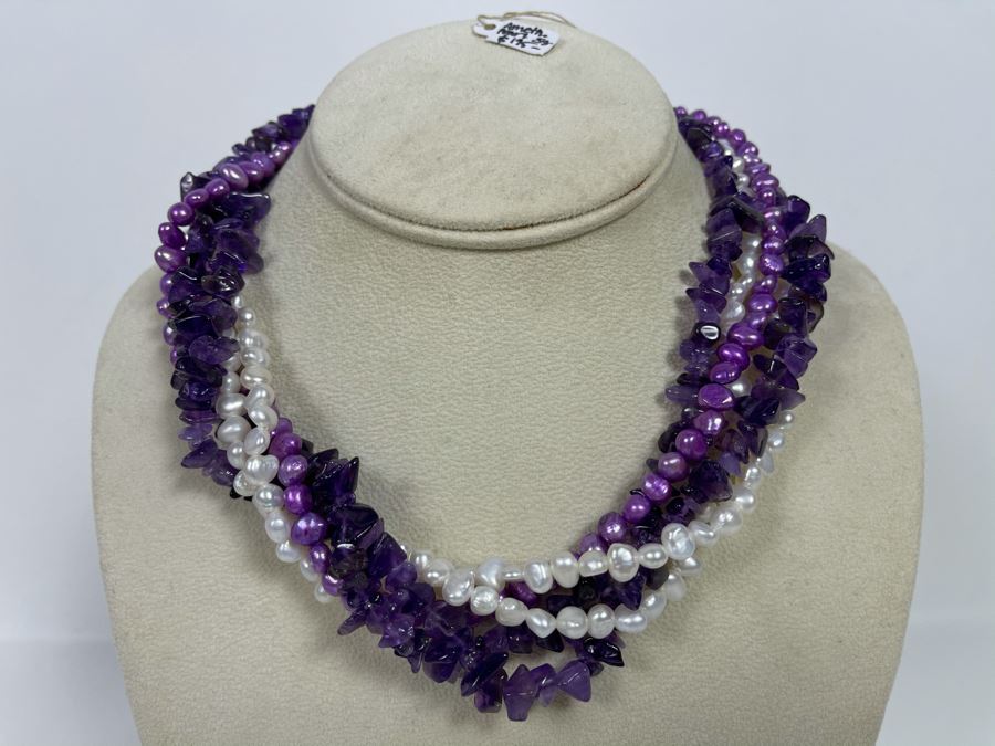 Statement Amethyst And Pearl Necklace With Sterling Silver Clasp 16'L Retails $195 [Photo 2]