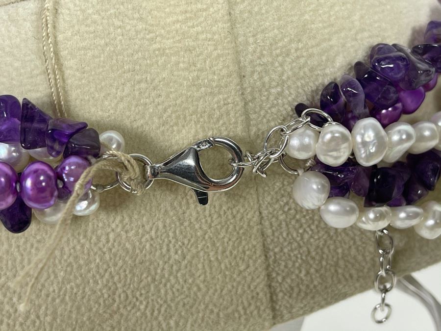 Statement Amethyst And Pearl Necklace With Sterling Silver Clasp 16'L Retails $195 [Photo 7]