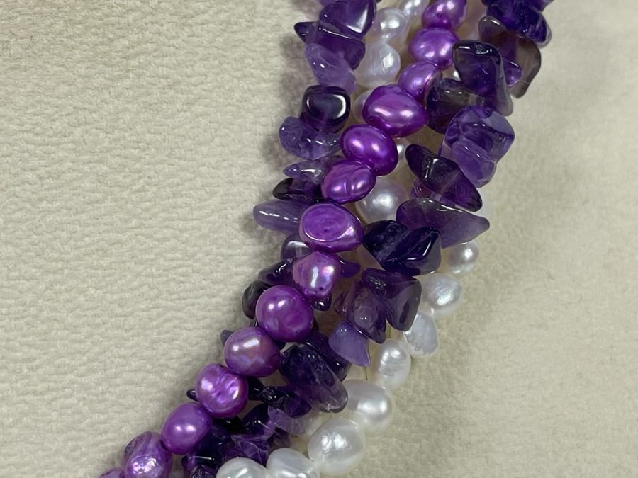Statement Amethyst And Pearl Necklace With Sterling Silver Clasp 16'L Retails $195 [Photo 5]