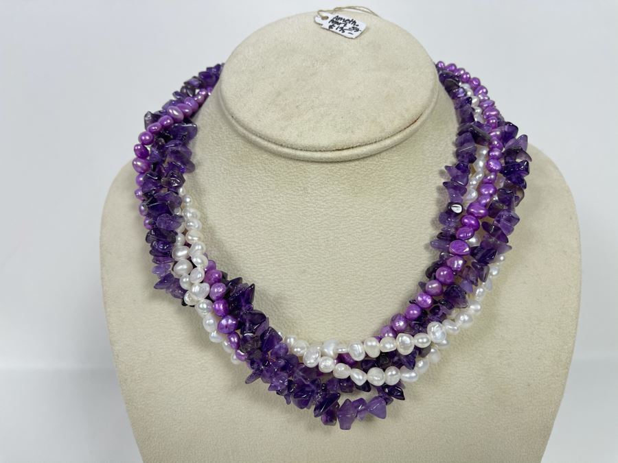 Statement Amethyst And Pearl Necklace With Sterling Silver Clasp 16'L Retails $195 [Photo 3]