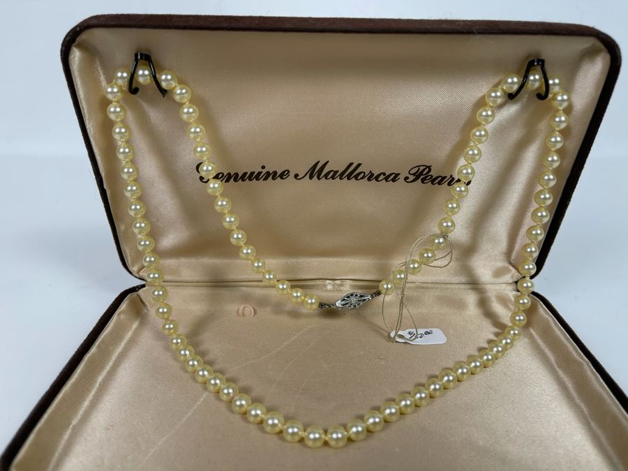Vintage White Pearls Necklace With Sterling Silver Clasp With Original Mallorca Pearls Box Retails $150 [Photo 3]