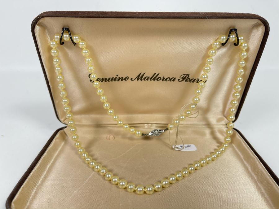Vintage White Pearls Necklace With Sterling Silver Clasp With Original Mallorca Pearls Box Retails $150