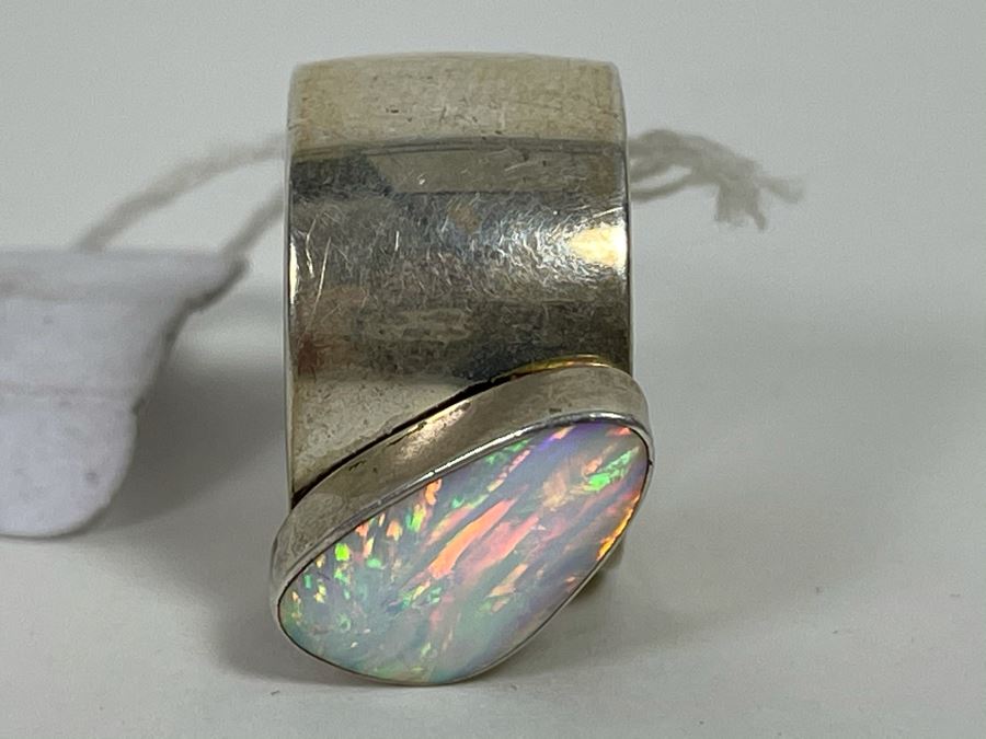 Large Modernist Opal Sterling Silver Big Band Ring JS 15g [Photo 14]